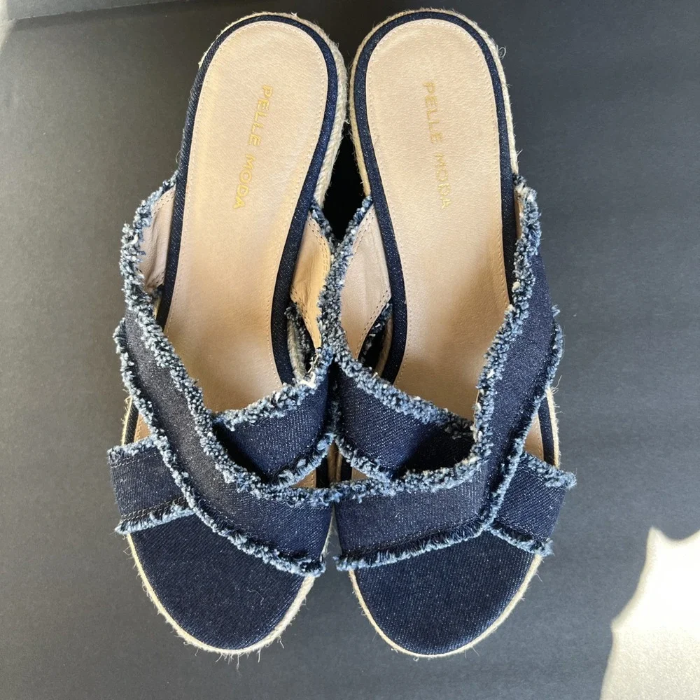 PELLE MODA Denim Frayed Blue Slip On Cork Wedge Espadrille Sandals Shoes Sz 9.5